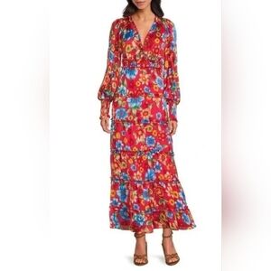 NWT Chelsea & Violet Maxi Dress Red Floral Chiffon Margaux Tiered Long Size Smal